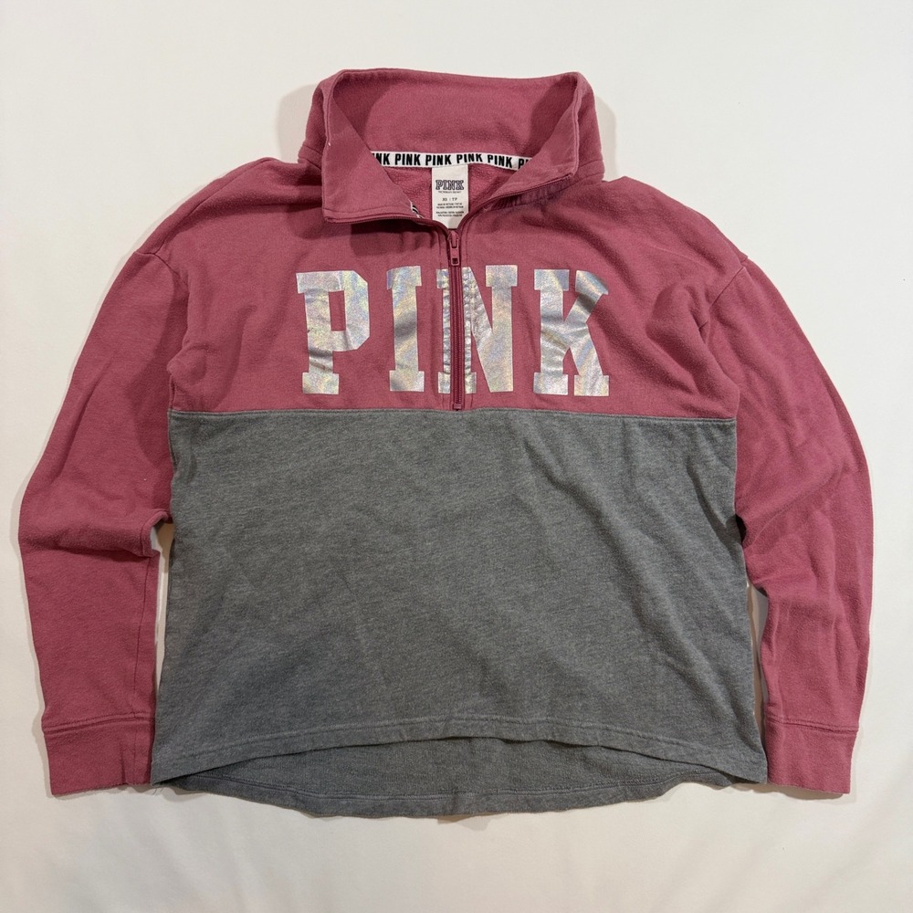 PINK Victoria's Secret Pullover Women XS Maroon Gray Colorblock Quarter Zip